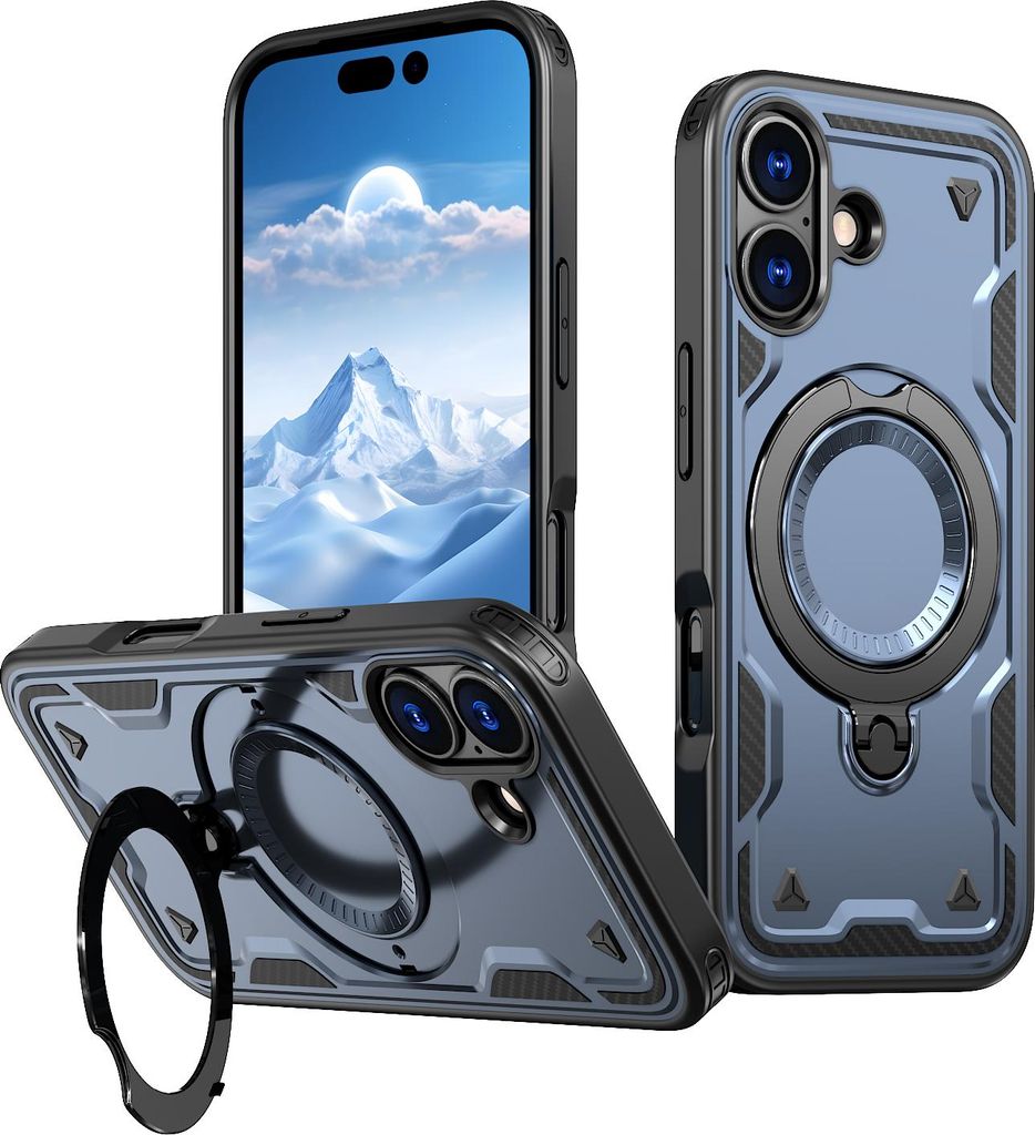 Dual Layer Hülle für iPhone 17 mit Ring Ständer Magnetisch Stoßfest Handyhülle Blau