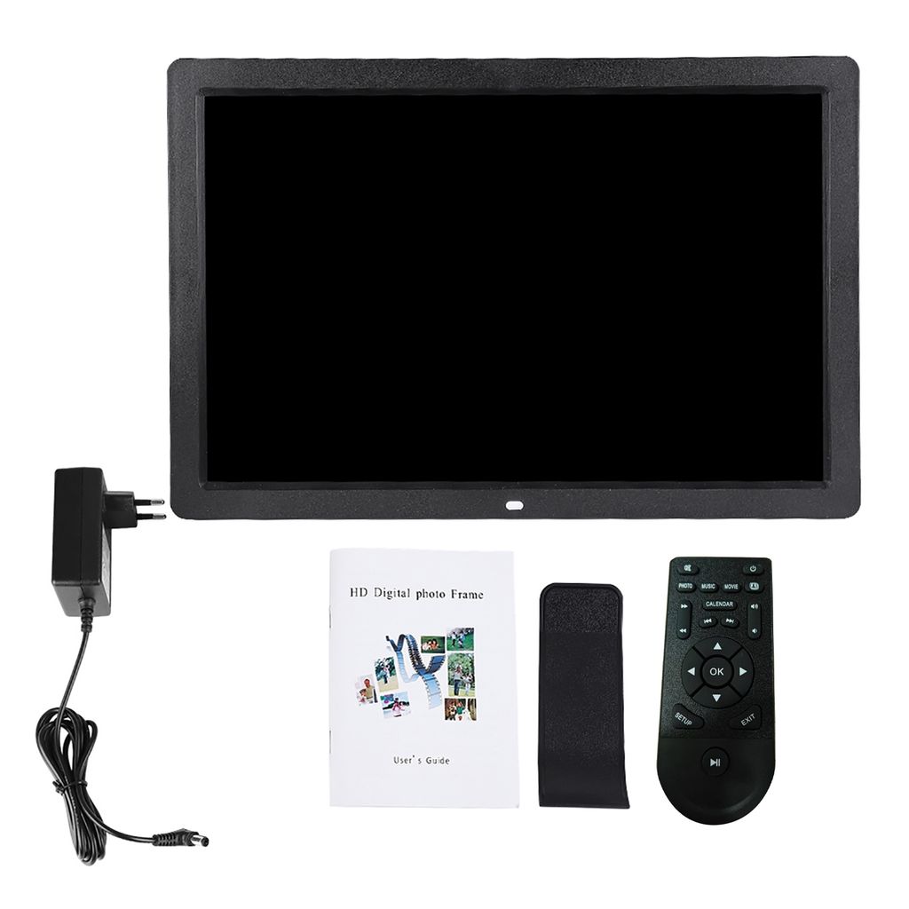 A digital photo frame and its accessories are laid out on a white background.