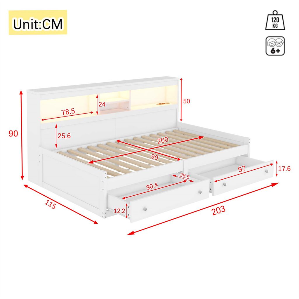 Daybett,Tagesbett(Weiss)Schlafsofa,Nachtkästchen,Bett mit 2 Produktbild 6