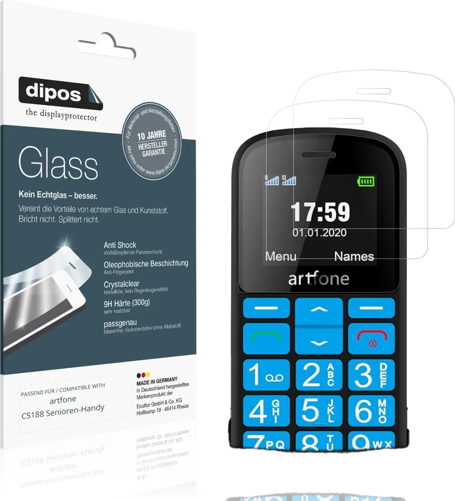 dipos 2x Pellicola Protezione Vetro 9H per artfone CS188 - Made in Germany