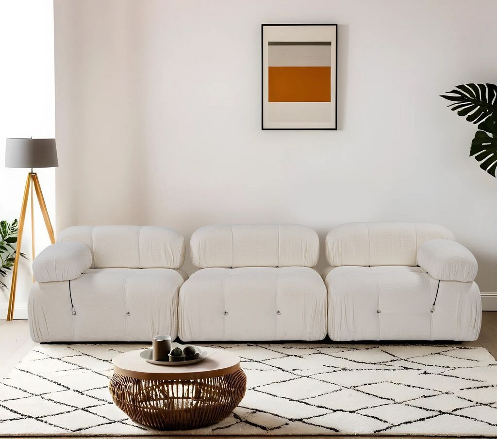 Hanah Home, Bubble 3 Seater ( L1-O1-1R) V2 - Bouclette, 3-Sitzer-Sofa, Weiß, 288 x 95 x 75 cm