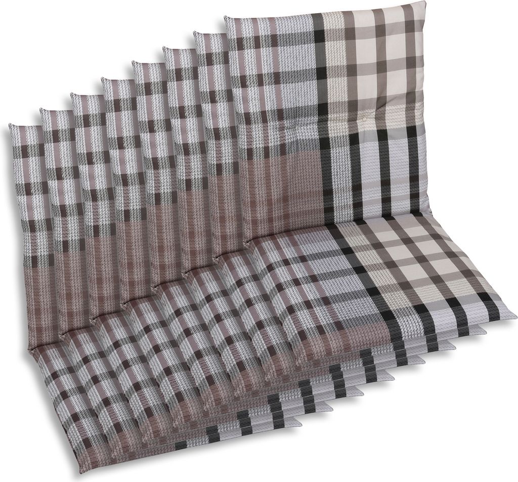 A stack of plaid seat cushions.
