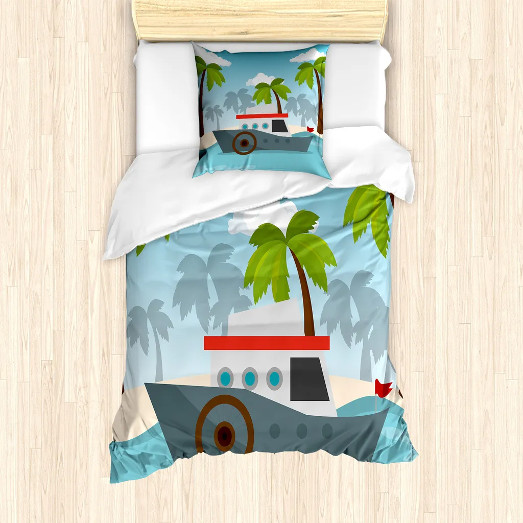 ABAKUHAUS Set copripiumino grafico per letti singoli, Cartoon Boat Palms, antiacaro, adatto a chi soffre di allergie, con federa, 135 cm x 200 cm - 80 x 80 cm, multicolore