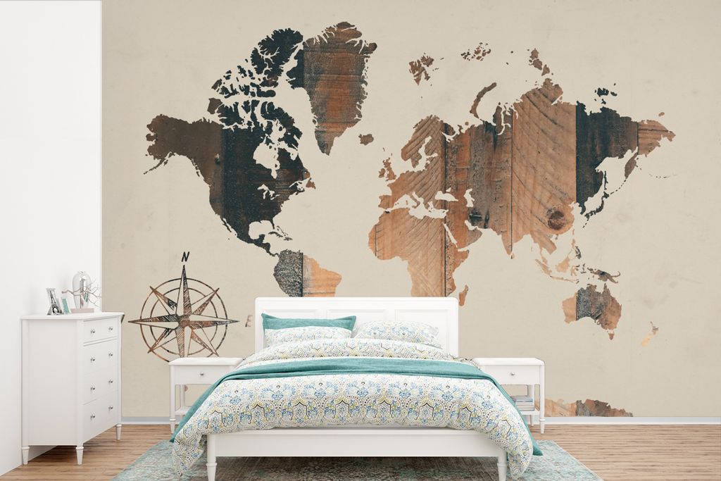 MuchoWow Fototapete für Wohnzimmer oder Schlafzimmer Wandtapete Vinyl Motivtapete Weltkarte - Holzbrett - Windrose - 390x260 cm - Papiertapete