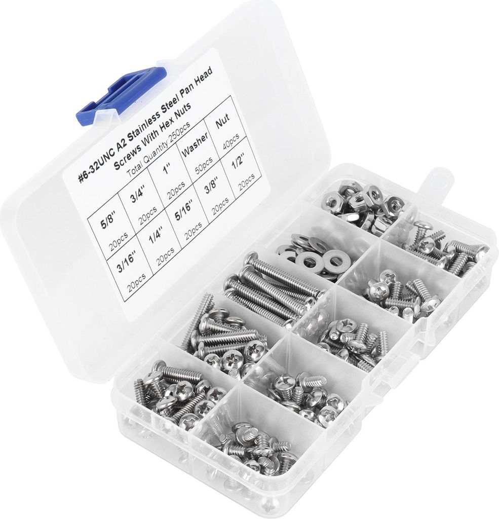 Schraubensatz aus Edelstahl 304, Kreuzschlitzschrauben mit Sechskantmuttern und Unterlegscheiben, 250-teilig, #6-32UNC