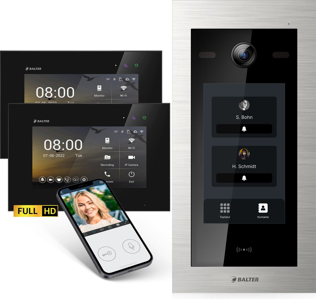 Balter EVO-HD Video Türsprechanlage mit Touchscreen Türstation, Video Türklingel, App, 2 Familienhaus, 2x 7 Zoll Monitor, Full HD, 2 Draht Bus, ...
