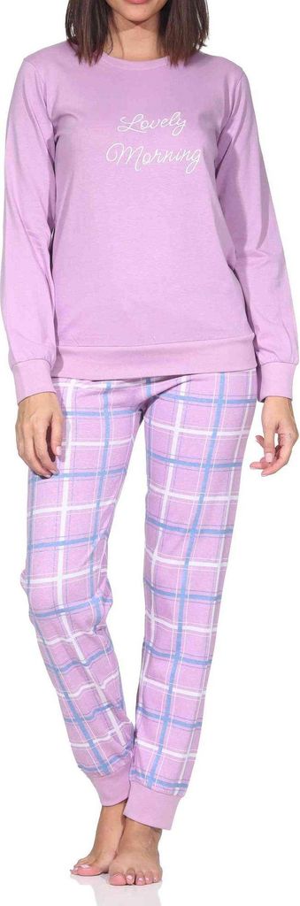 Normann Damen langarm Schlafanzug mit Bündchen Pyjama mit Jersey Hose in Karo Optik ; lila , 40