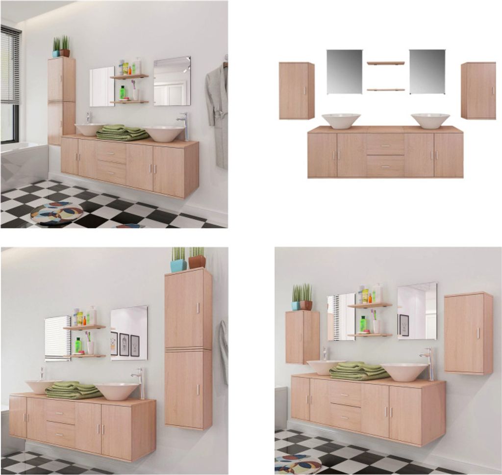 vidaXL 9 tlg. Badmöbel und Waschbecken Set Beige - Badezimmermöbel - Badmöbel - Badmöbel Set - Badschrank
