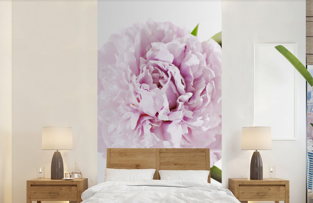 MuchoWow Fototapete für Wohnzimmer oder Schlafzimmer Wandtapete Vinyl Motivtapete Draufsicht auf eine rosa Pfingstrose - 120x240 cm - Hintergrun...