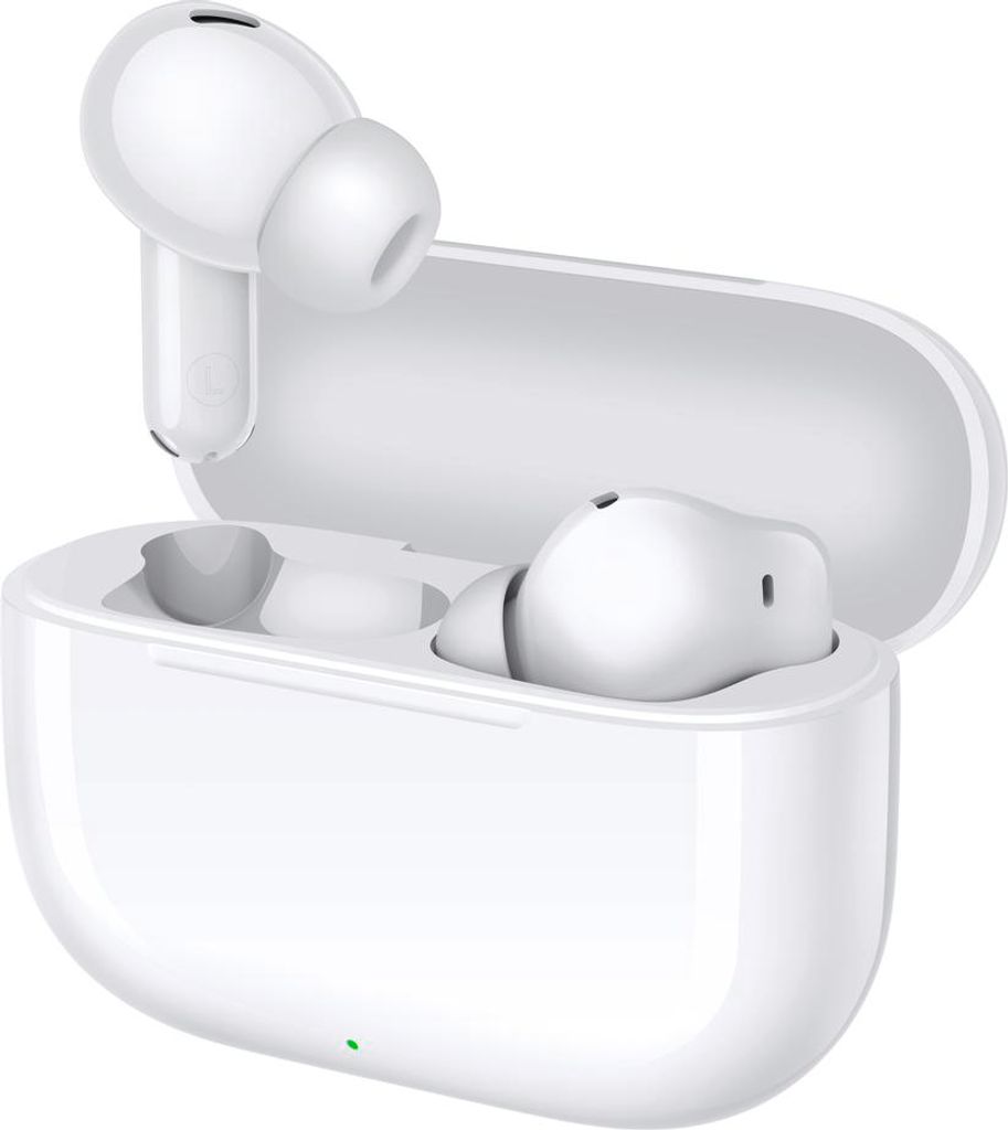 A pair of white wireless earbuds in their charging case.
