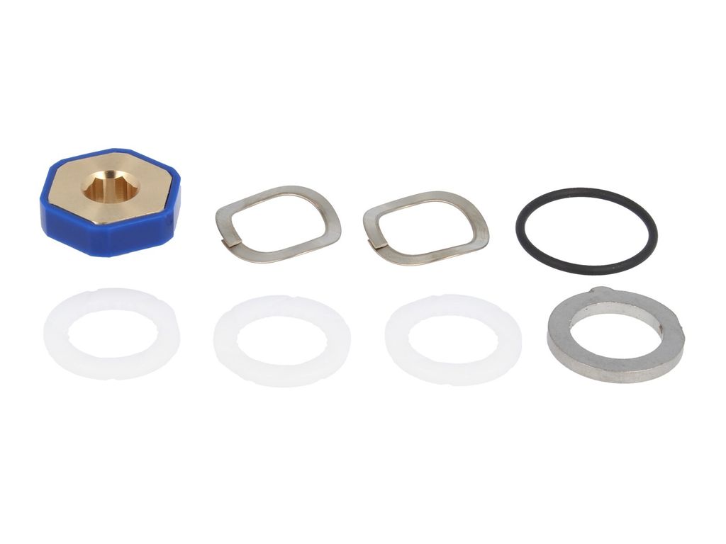 A collection of plumbing parts, including a blue and gold hexagonal fitting, several metal washers, white rubber gaskets, and a black O-ring, arranged on a white background.