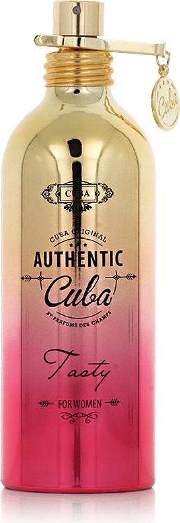 A perfume bottle with a gradient color from gold to pink.
