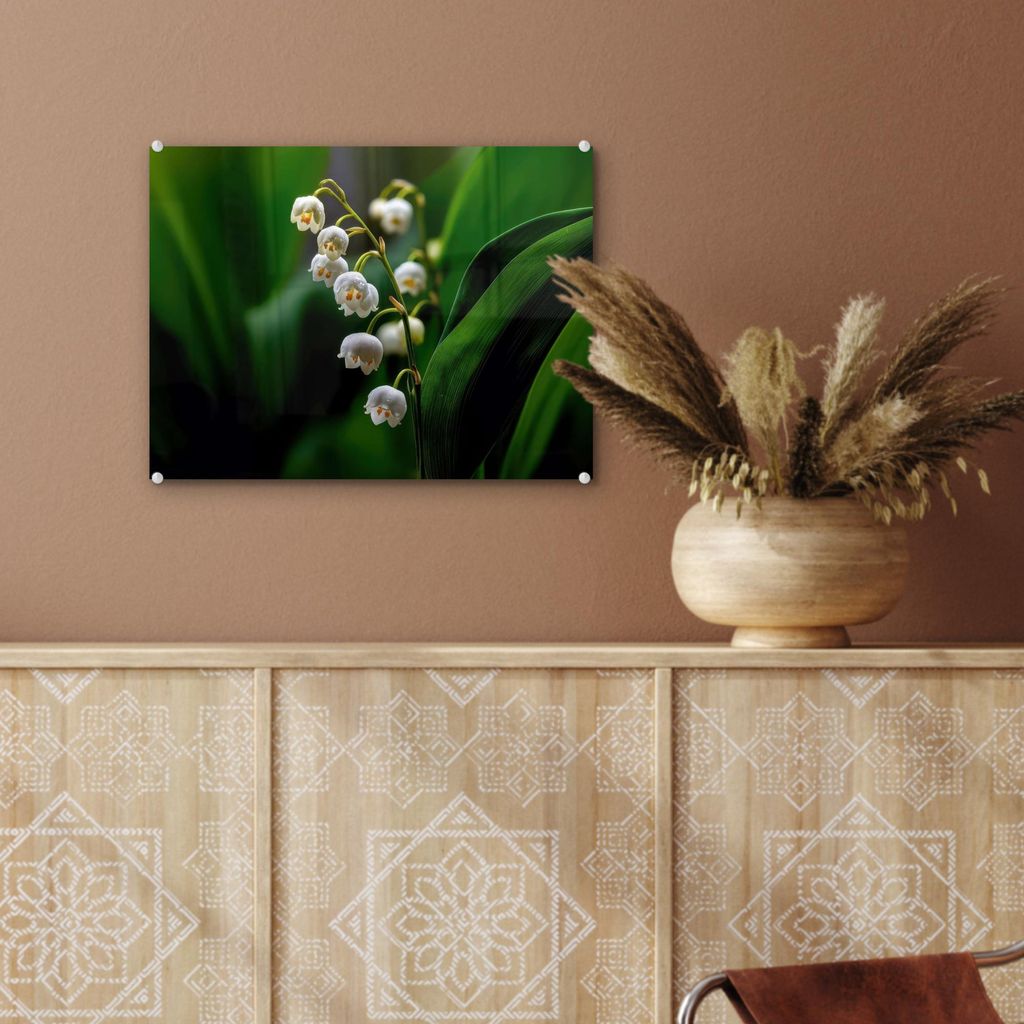 MuchoWow Glasbilder - Bilder auf Wandbild - Foto auf Glas Blumen - weiß - Blätter - Lilien 40x30 cm Wanddekoration aus Glas - Acrylglasbild - Acr...