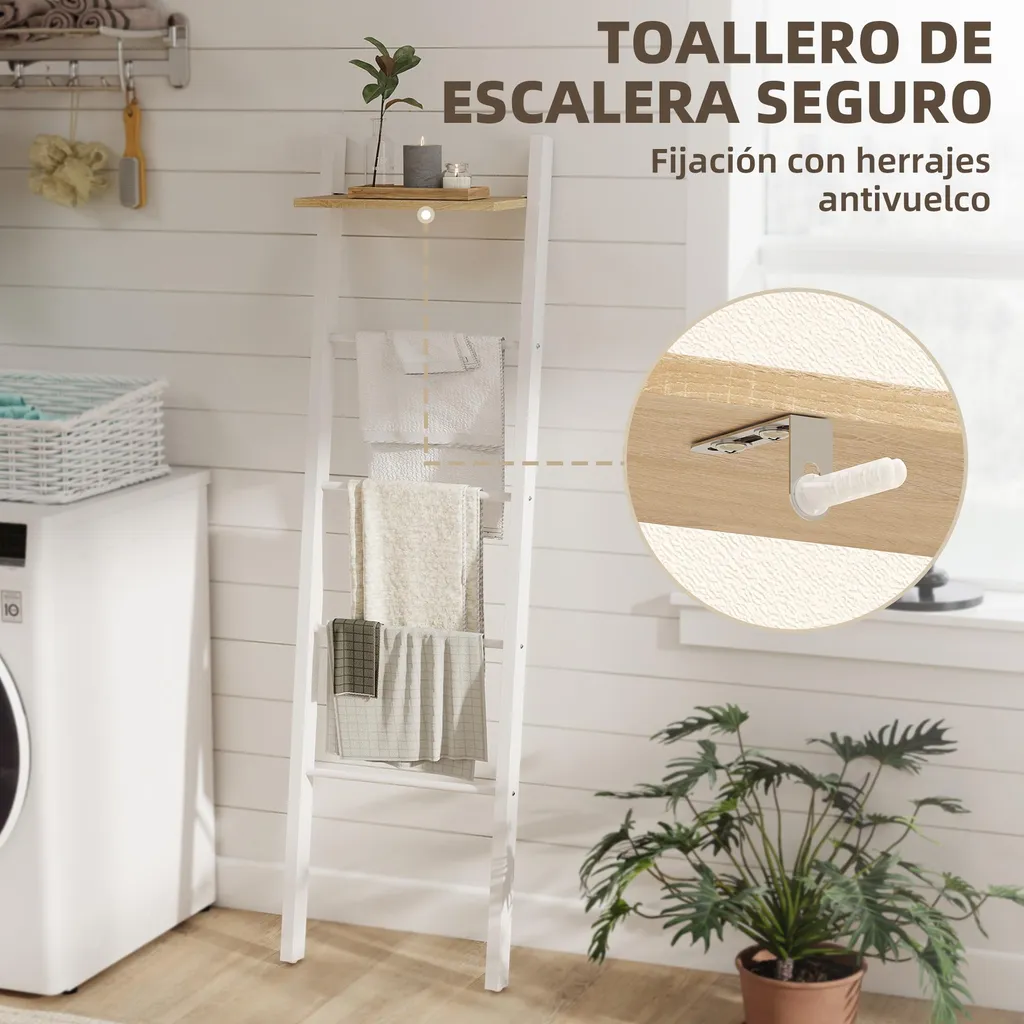 Porte-serviettes en acier blanc durable avec insert chêne authentique - 5