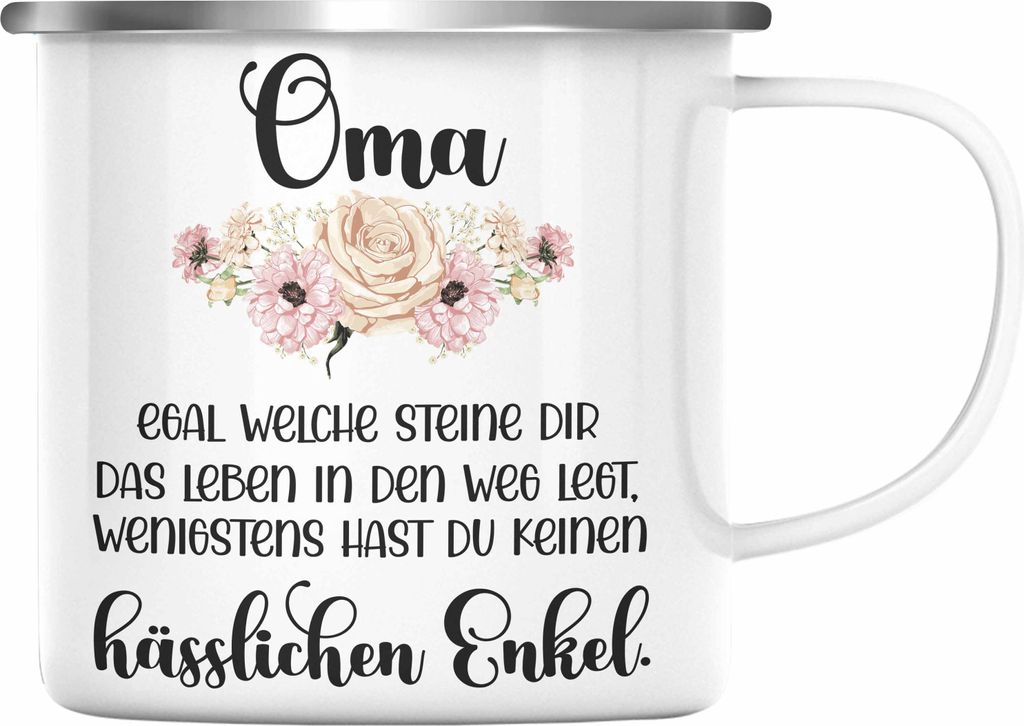 Trendation - Beste Oma Geschenk Emaille Tasse Geburtstagsgeschenk von Enkel Geschenkideen Lustig Geburtstag (Silber)