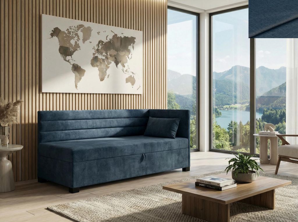 Jugend Polsterbett LUCENTE Nordelo mit Bettkasten und Seitenlehne - T30 Matratze mit Topper, 120x200, Stoff AMARO 6 BLAU