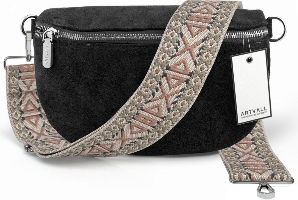 ARTVALL - Umhängetasche aus Wildleder, Klein mit verstellbarem Schultergurt, abnehmbares Taschenband, Crossbody Bag in Schwarz