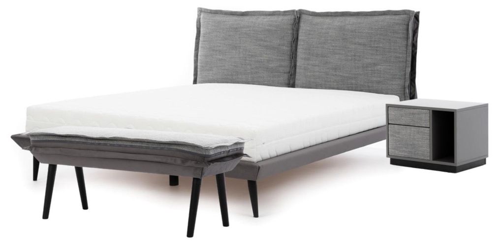 Schlafzimmer Set Grau Bett Elegantes 2x Nachttische Luxus Hocker Modern 4tlg.