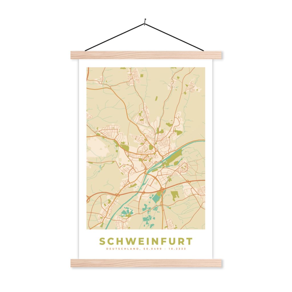 MuchoWow Textilposter Schweinfurt - Karte - Vintage - Stadtplan 60x90 cm mit holzfarbenen Rahmen - Textil