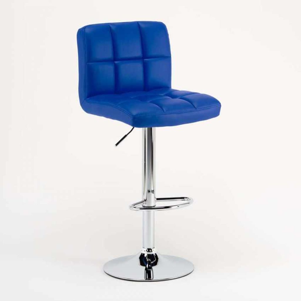 A blue bar stool with a chrome base and adjustable height.