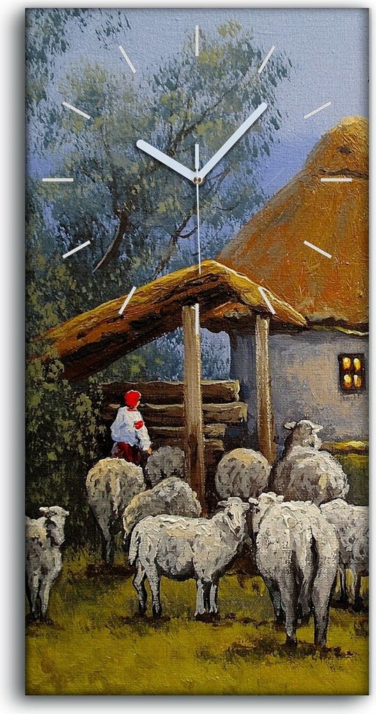 Wanduhr Bürouhr Leinwand Bild Geräuschlos 30x60 Schafe Land Tier Hütte Windmühle - weiße Hände