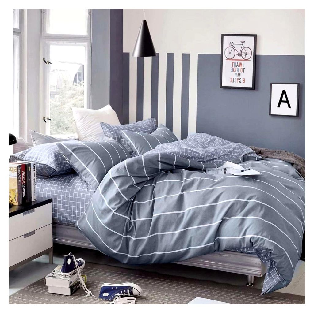 Bettwäsche 155x220 cm Grau für Winter und Sommer Weiß Gestreift 100% Baumwolle mit Reißverschluss 2-teilig