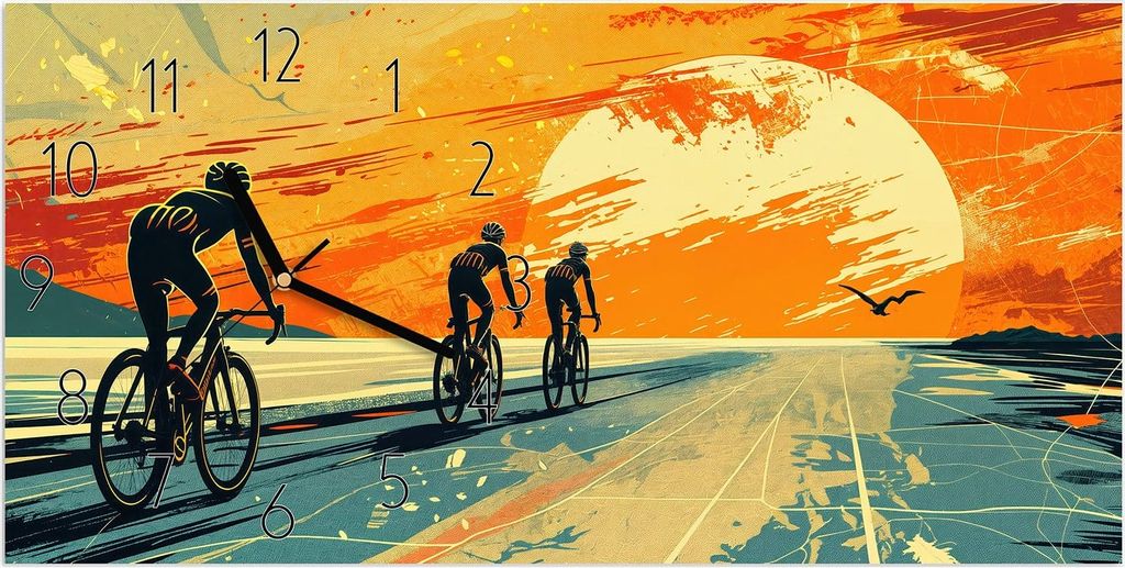 Wanduhr aus Glas mit Motiv Radfahrer Sonnenuntergang- 60 x 30 cm - inkl. Aufhängesystem