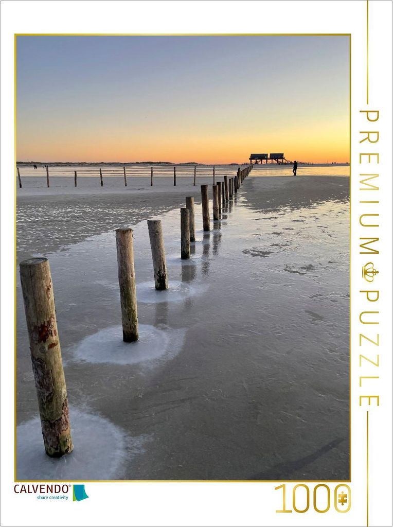 CALVENDO Puzzle Runde Eisformationen umsäumen eine Pfahlreihe am Ordinger Strand | 1000 Teile Lege-Größe 64x48cm Foto-Puzzle für glückliche St...