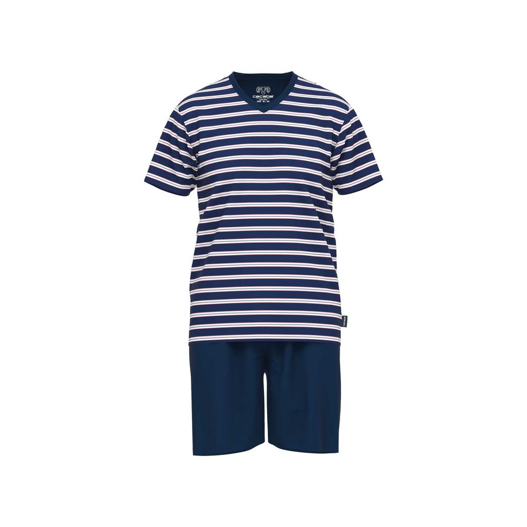 CECEBA Herren Schlafanzug - Pyjama, Baumwollmischung, V-Ausschnitt, Logo, Streifen, kurz, einfarbig Blau/Weiß S