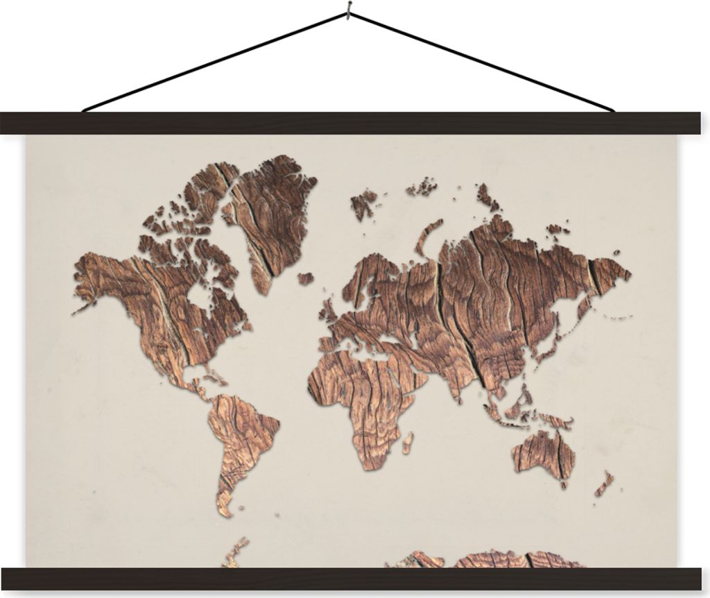 MuchoWow Textilposter Weltkarte - Holztafel - Braun 90x60 cm mit schwarzem Rahmen - Aufhängungssatz