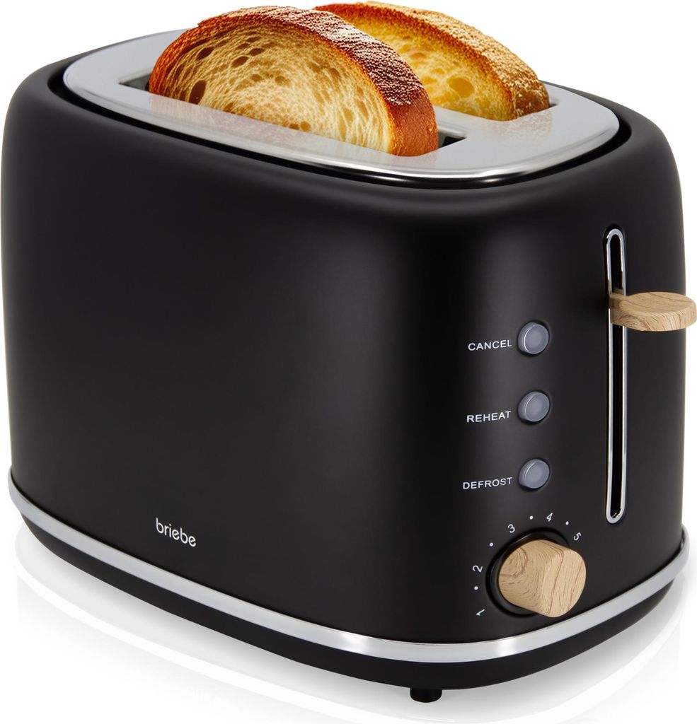 Briebe TA1166BLK Nordic Toaster 2 Scheiben Breite Schlitze mit Brötchenaufsatz, 6 Toast Stufen Schwarz