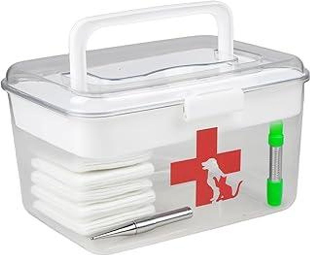 Erste Hilfe Box Hund Katze – 2-lagige Haustier Medikamentenbox mit Griff – Transparente Aufbewahrungsbox für Haustierapotheke & Reiseapotheke ...