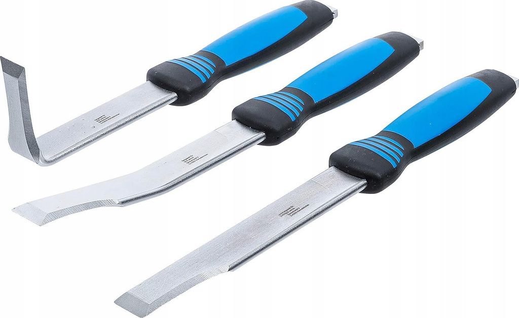 Three metal chisels with blue and black handles are arranged diagonally on a white background.