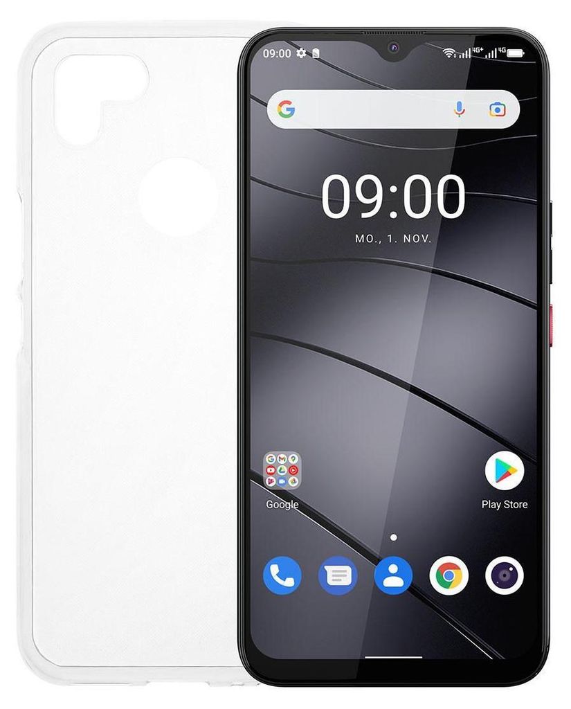 A smartphone with a clear protective case shown next to it.