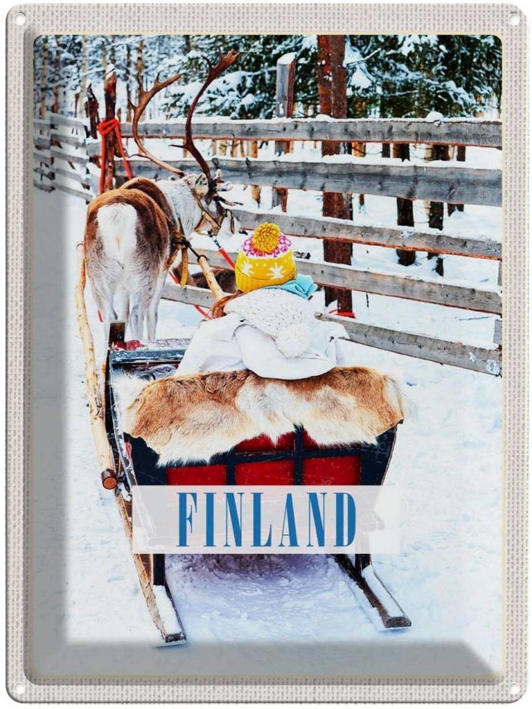 vianmo Blechschild 40x30 cm Finnland Schnee Urlaub Kind Hirsch Schlitten Bildmotiv Reisemotiv Abenteuer Reisen Europa