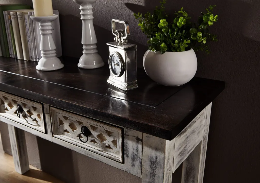 Meuble console manguier massif ciré blanc 120x40 cm CASTLE-ANTIK d'époque