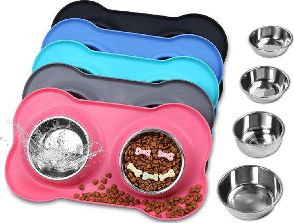 Hunde-Eimer, Futter- und Wasserbehälter, doppelte Schüssel aus Edelstahl mit Anti-Slip-Silikon-Unterlage, rosa