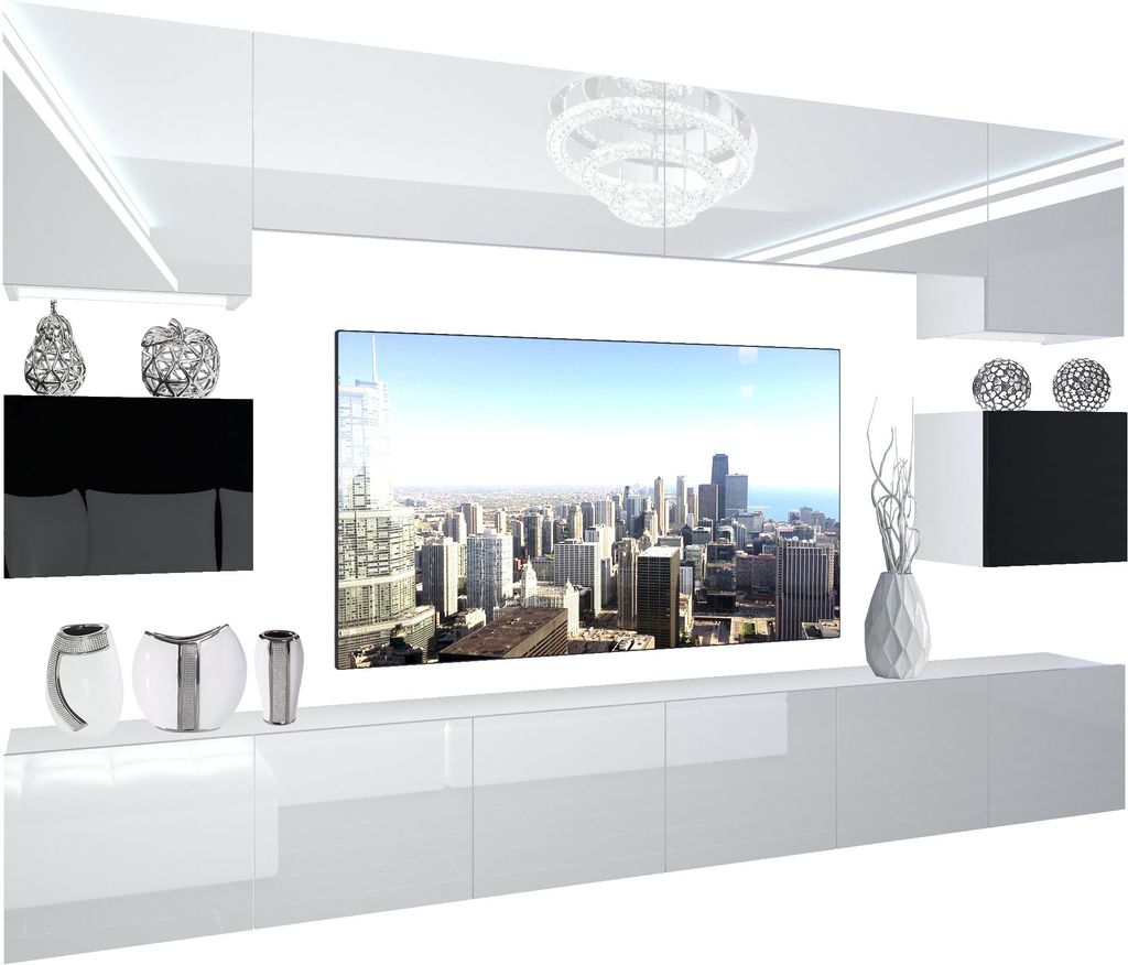 BELINI Wohnwand Vollausstattung Wohnzimmer-Set Moderne Schrankwand mit LED-Beleuchtung Weiß Glänzend Anbauwand TV-Schrank Weiß / Schwarz Glänzend