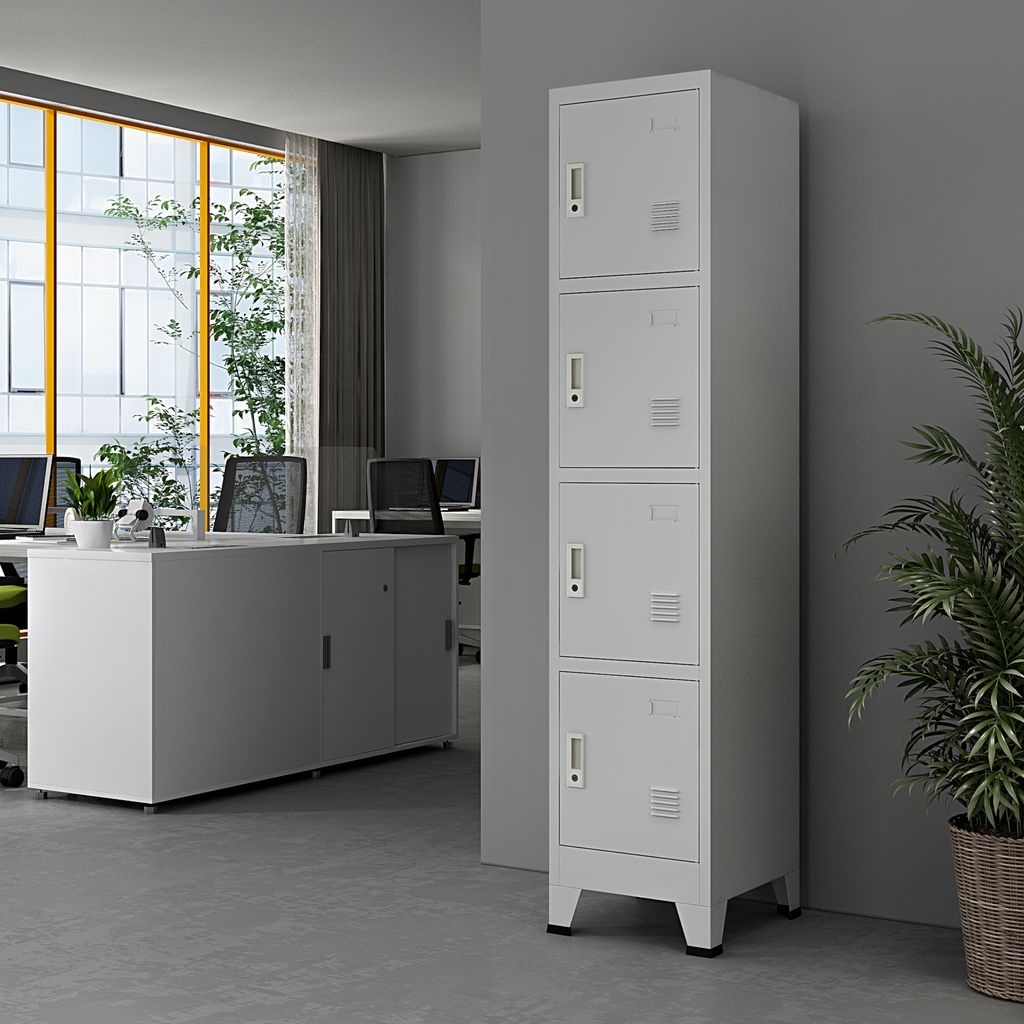 An office environment with desks, computers, and a tall locker unit.