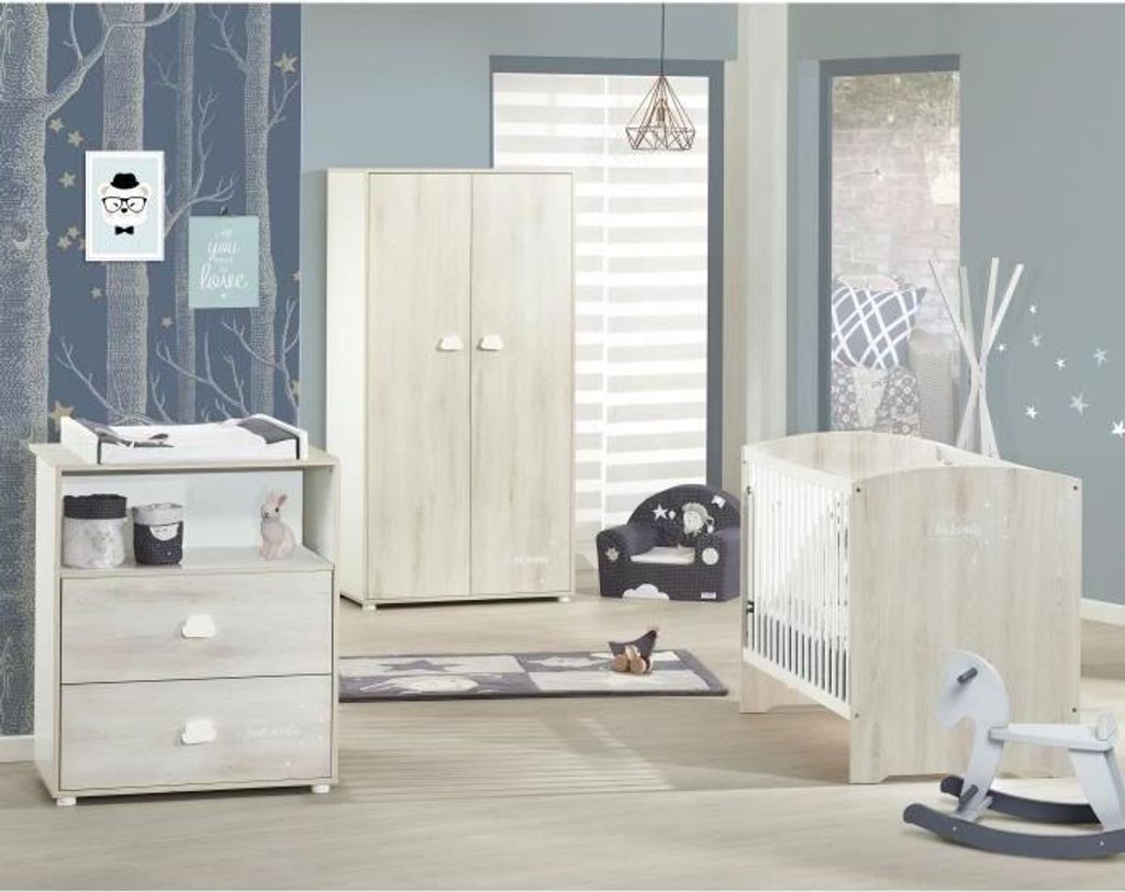 Komplettes Babyzimmer - 120x60 Bett, Wickeltisch und Kleiderschrank - BABY PRICE - SMILE - Esche Buche