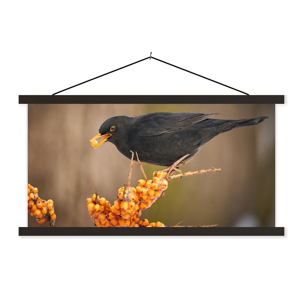 MuchoWow Textilposter Vogel - Amsel - Winter - Eis - Beere 60x30 cm mit schwarzem Rahmen - Textilien