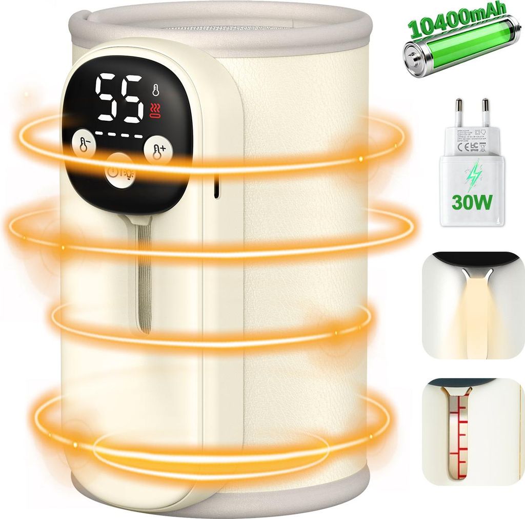 Flaschenwärmer für Baby unterwegs, 11 Temperaturstufen (35-55°C), Tragbarer Flaschenwärmer mit LED-Display, 10400 mAh Akku