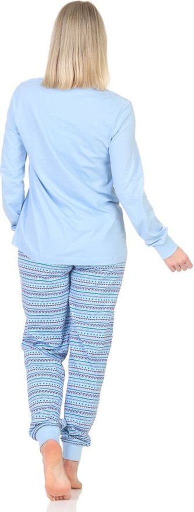 Normann Damen Langarm Schlafanzug Pyjama mit Bündchen im Ethnolook - auch in Übergrössen ; blau , 44