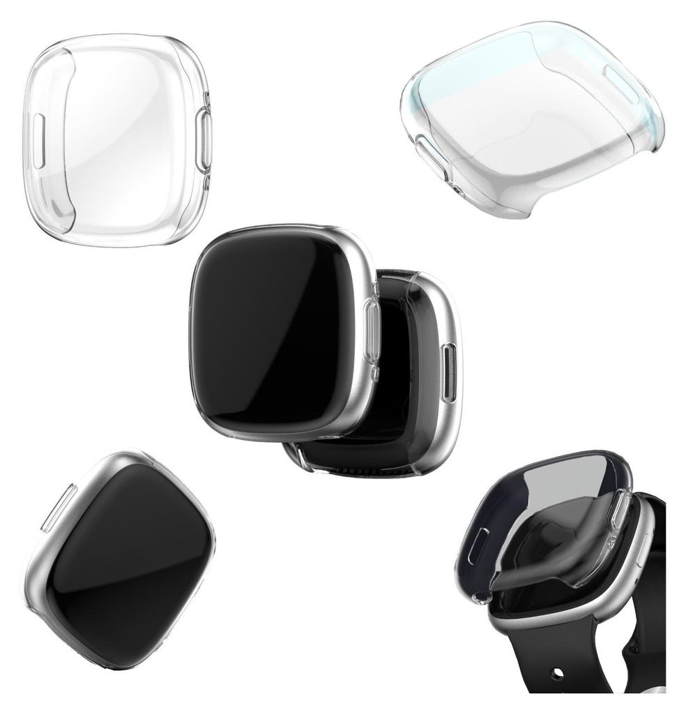 A collage of images showing clear protective cases for a smartwatch.
