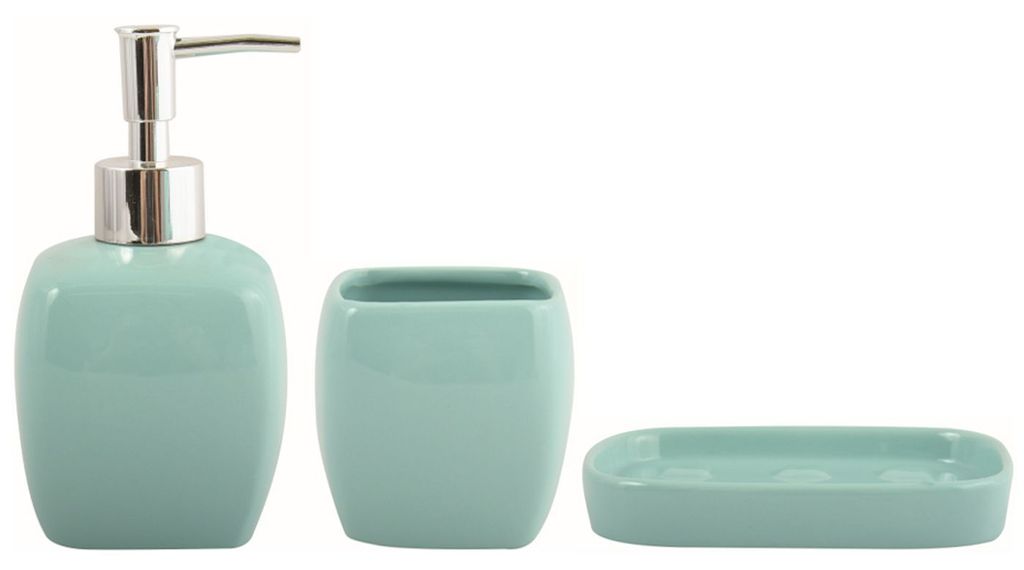MSV Bad Accessoires Keramik 3-teilig - Seifenspender, Seifenschale, Zahnputzbecher Pastellgrün