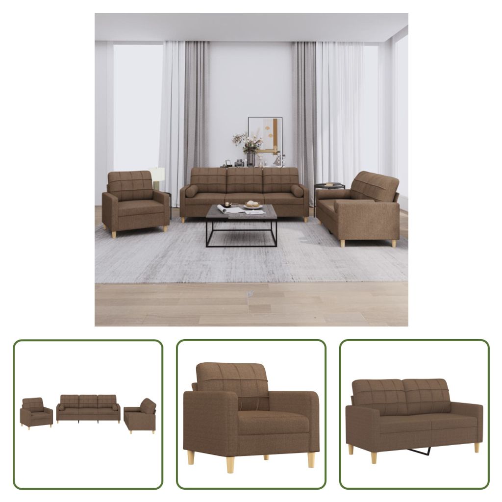The Living Store 3-tlg. Sofagarnitur mit Kissen Braun Stoff