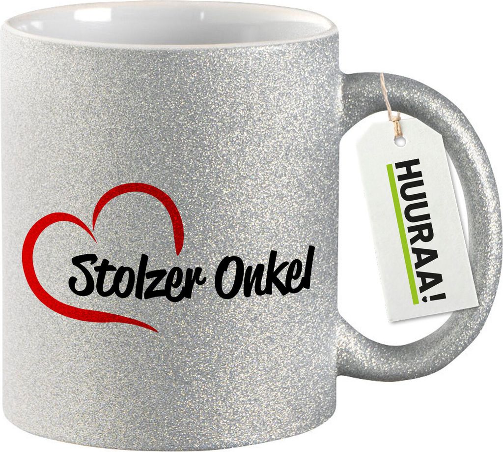 Huuraa Glitzertasse Stolzer Onkel Herz 330ml Silber Keramik Kaffeebecher Geschenkidee
