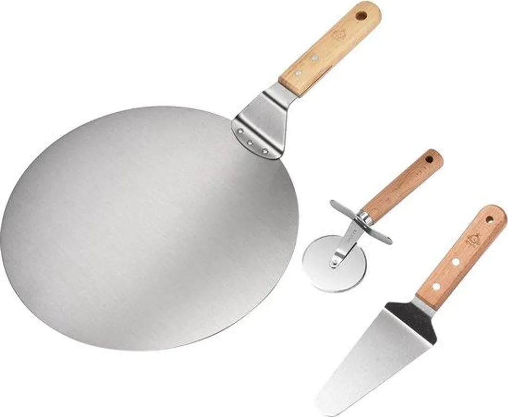 Ustensiles pizza en acier inoxydable et bois naturel avec pelle 30cm