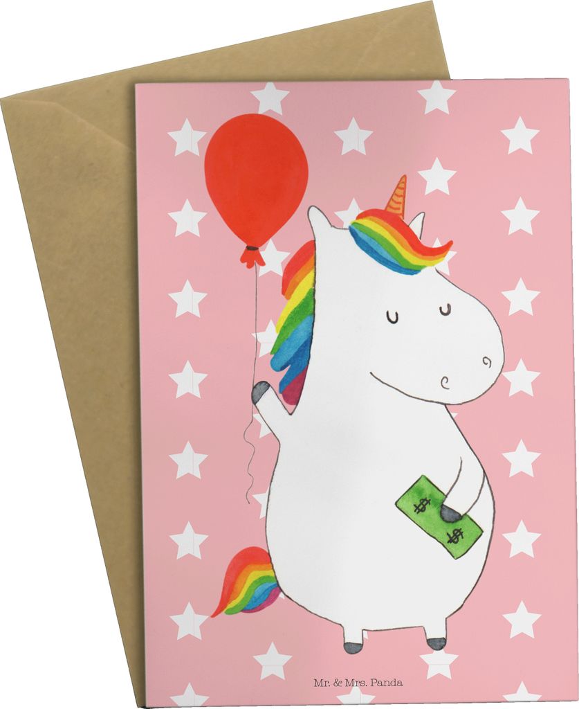 Mr. & Mrs. Panda Klappkarte Einhorn Luftballon - Rot Pastell - Geschenk, Geld, Unicorn, Glückwunschkarte, Freundin, osterkarte, hochzeitskarten, w...