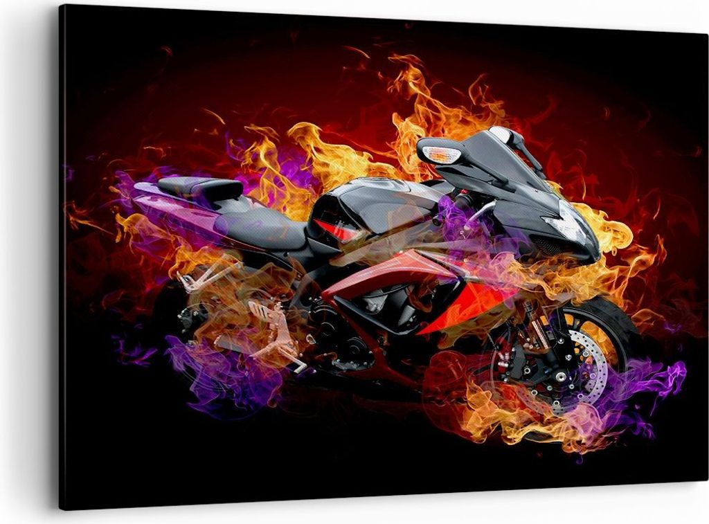 Bild auf Leinwand - Leinwandbild - Motorrad Feuer Abstraktion - 120x80cm - Wand Bild - Wanddeko - Leinwanddruck - Bilder - Kunstdruck - Wanddekorat...